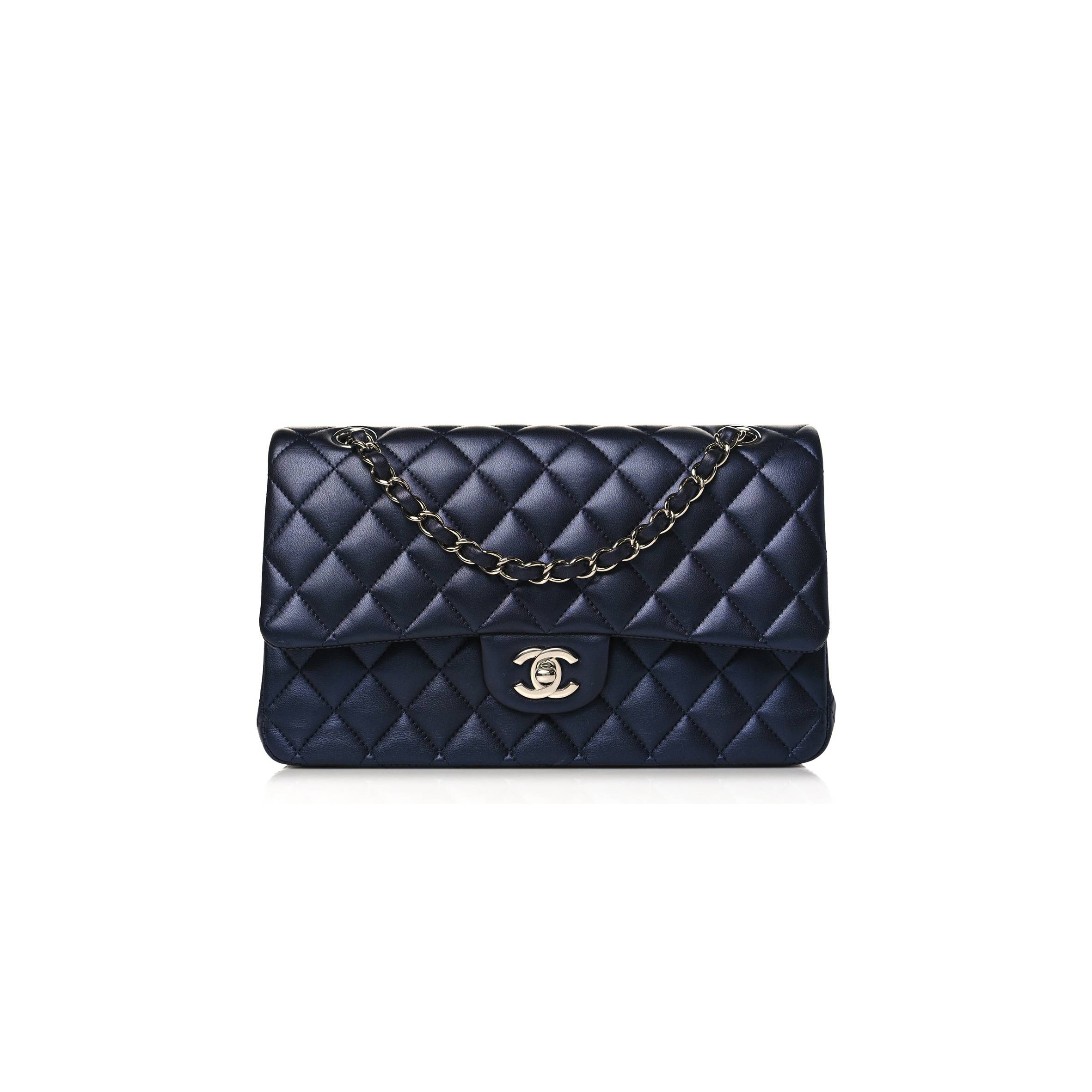 Ch*el iridescent calfskin quilted medium double flap navy (25*15*6cm)