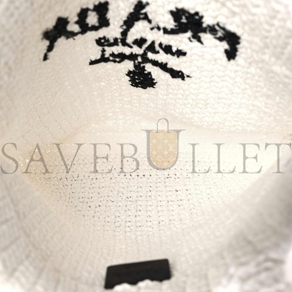 Pra*a yarn raffia effect crochet embroidered small logo tote white (25*23*8cm)