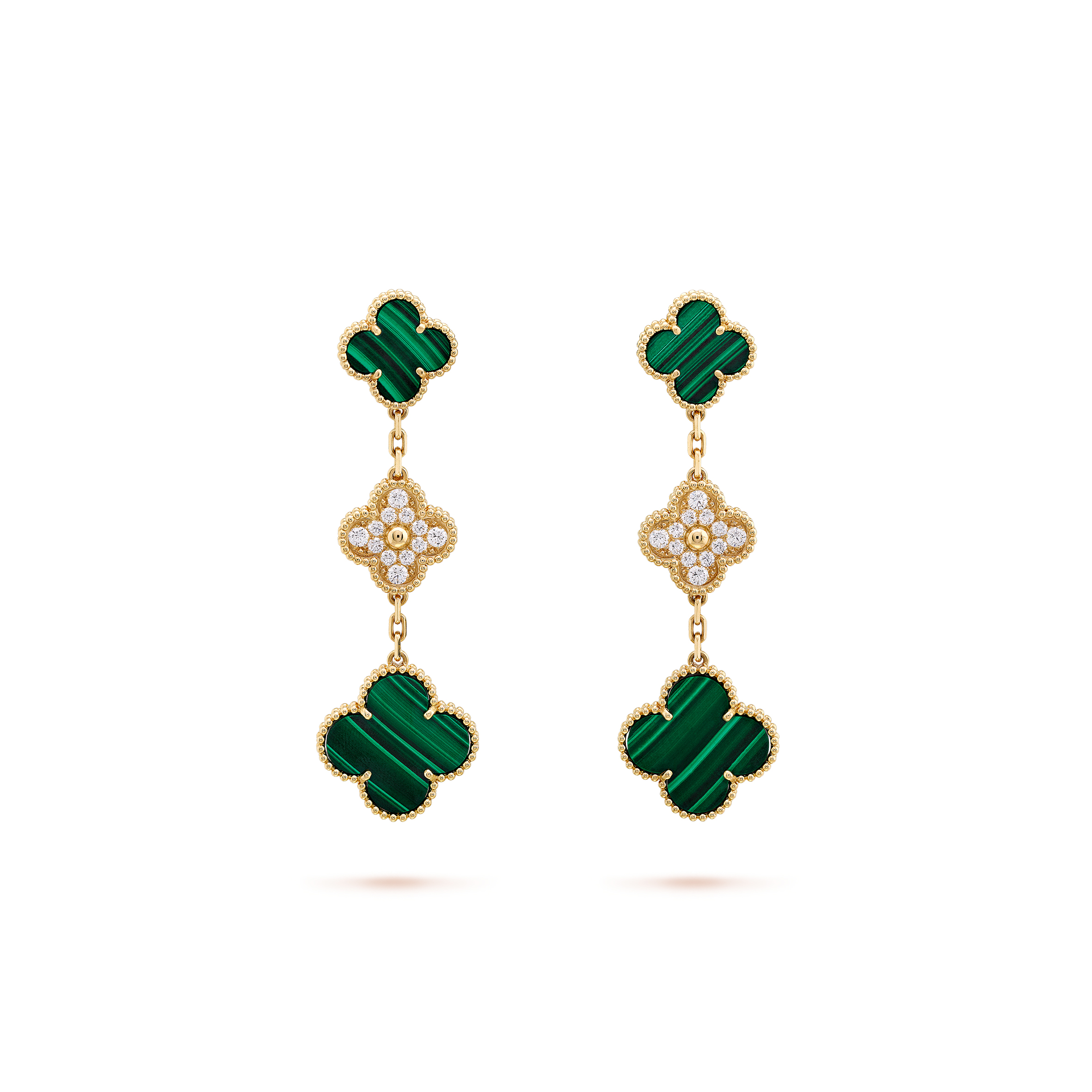 v*n cl*f  arpels magic alhambra earrings, 3 motifs - yellow gold, Di*m*nd, malachite  vcaro9ii00