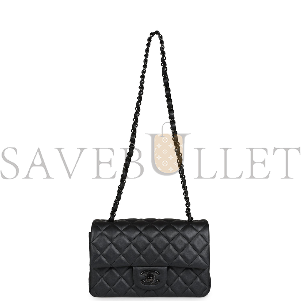 Ch*el mini rectangular flap so black iridescent lambskin black hardware ap1116 (20*13*6cm)