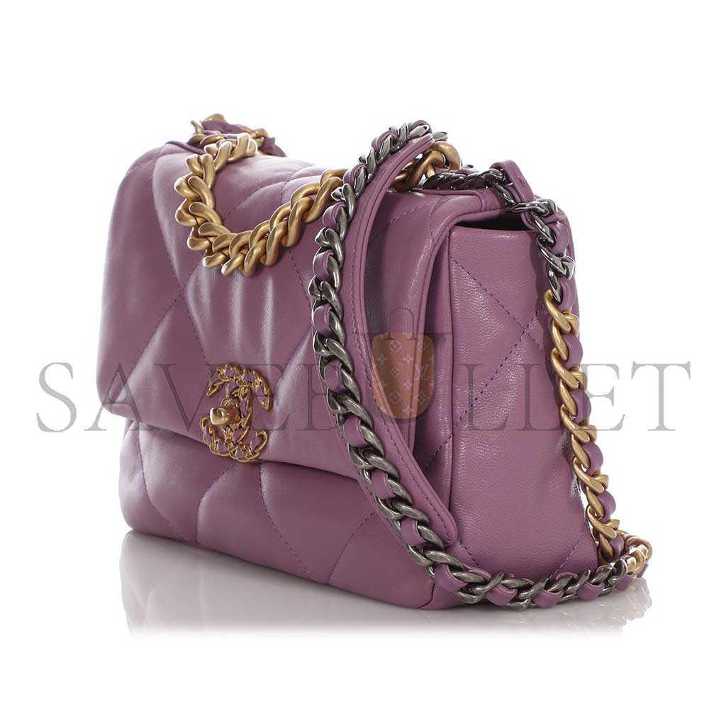 Ch*el purple quilted chÈvre medium 19 bag gold, ruthenium, and silver hardware as1160 (26*16*9cm)