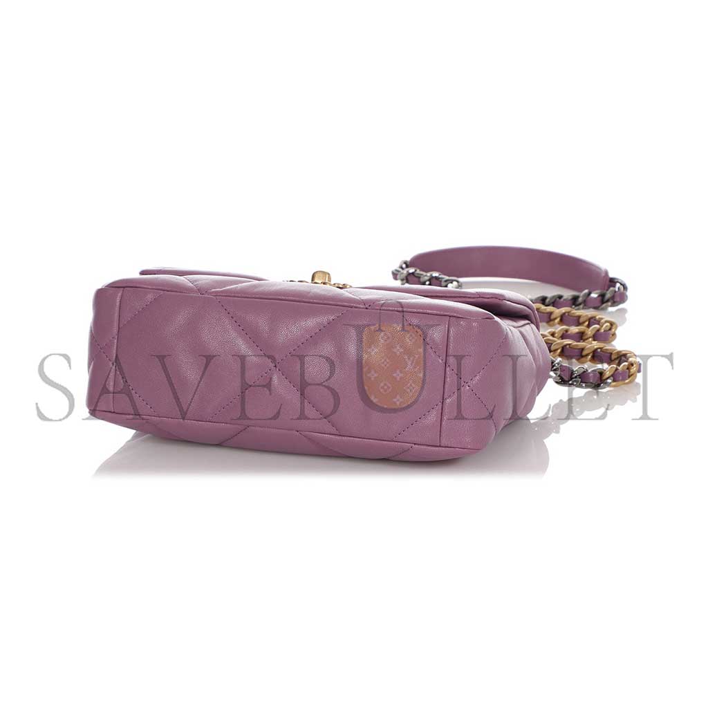 Ch*el purple quilted chÈvre medium 19 bag gold, ruthenium, and silver hardware as1160 (26*16*9cm)