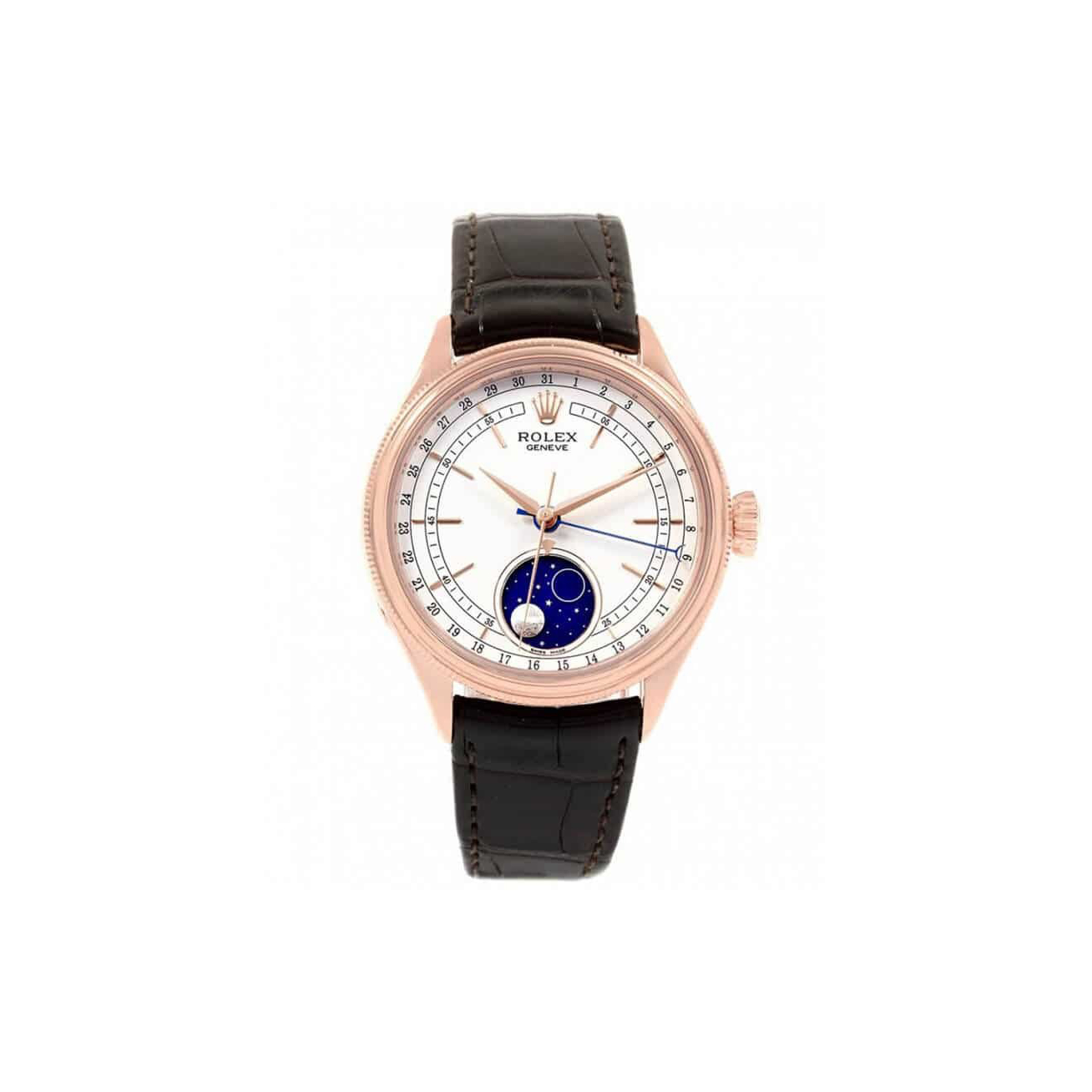 R*l*x cellini moonphase white 18k rose gold leather everose watch 50535
