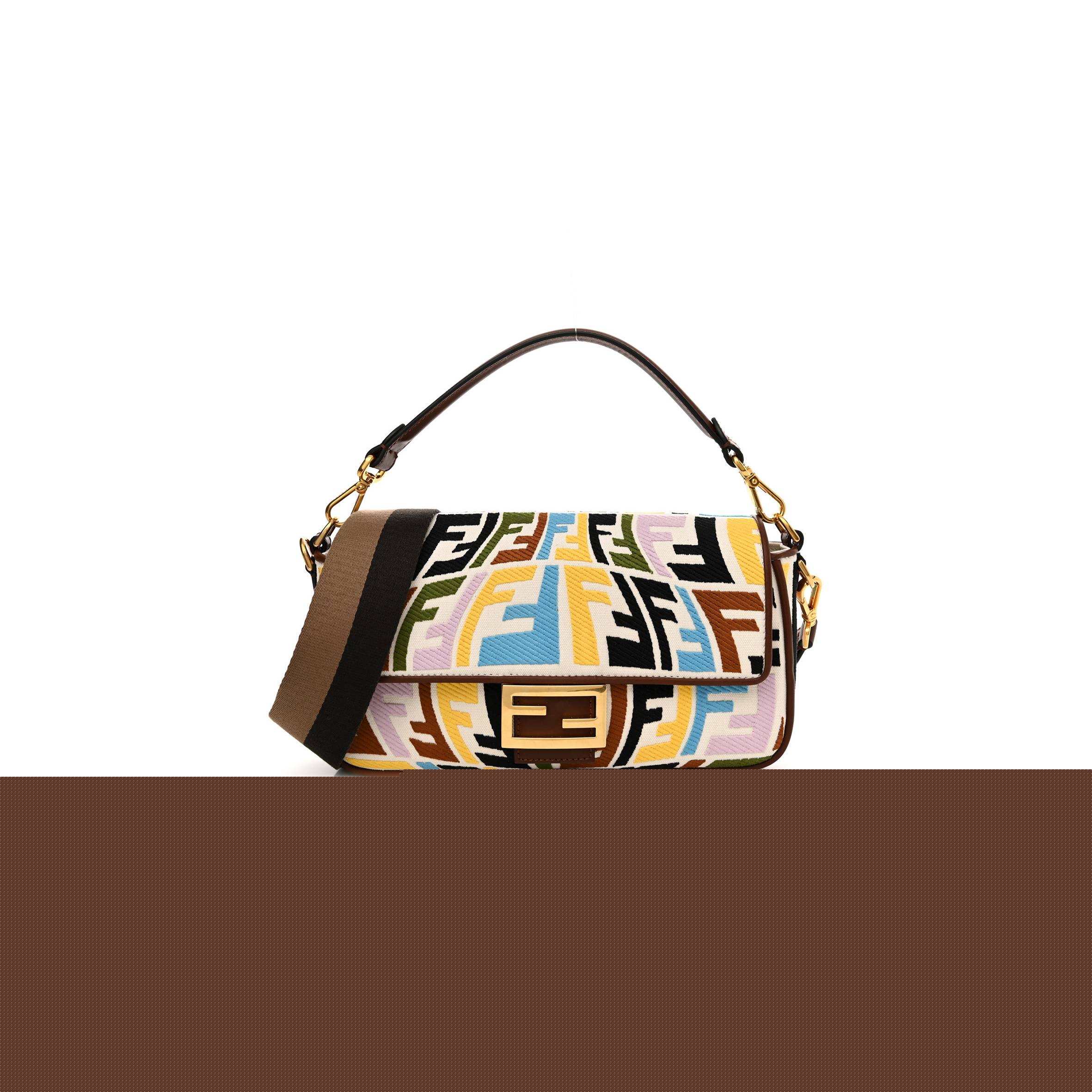 F**di x sara coleman canvas vitello king seta ff fish eye embroidered baguette grezzo multicolor ghianda (28*15*6cm)