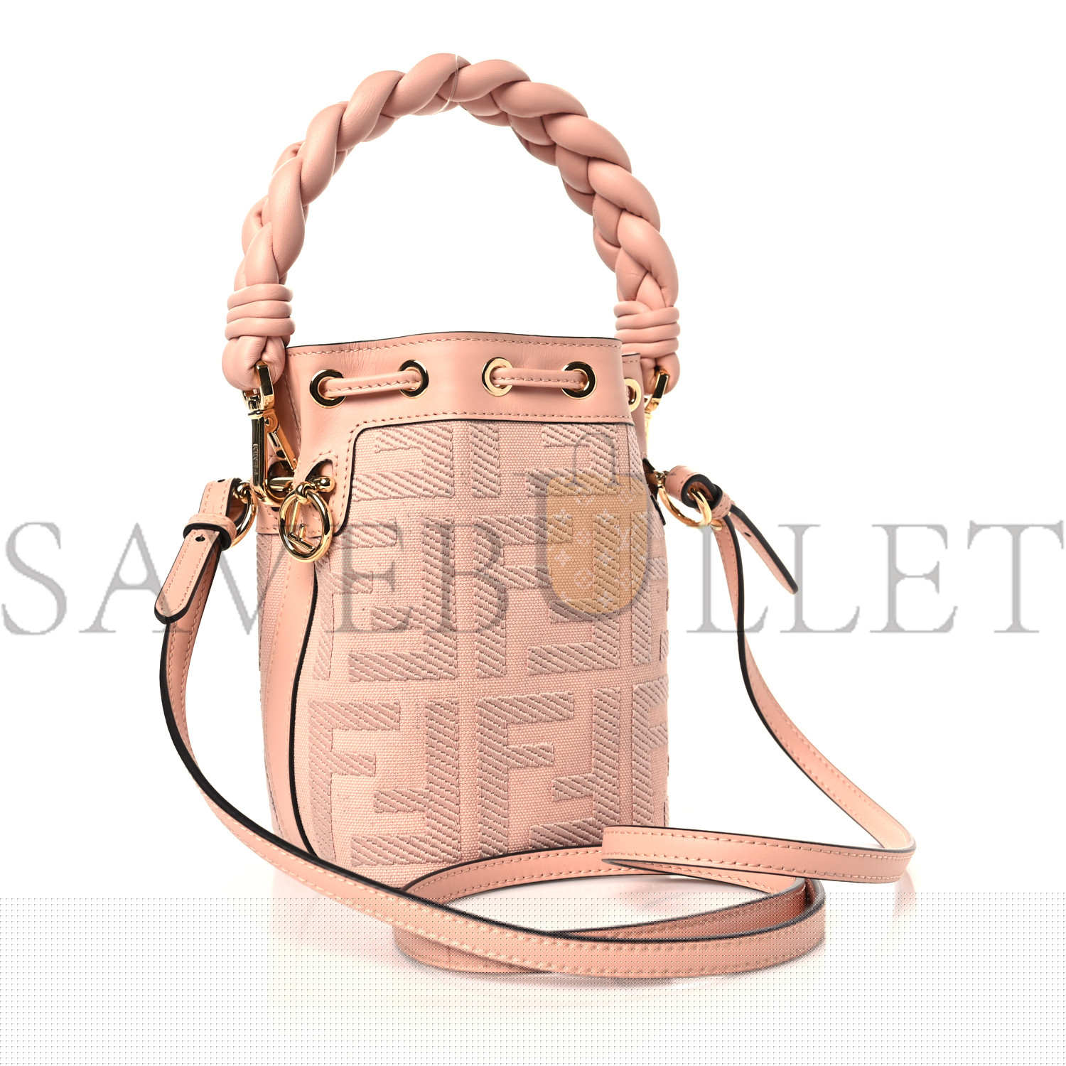 F**di canvas nappa f is F**di ff embroidered mini mon tresor bucket bag baby pink (18*12*10cm)