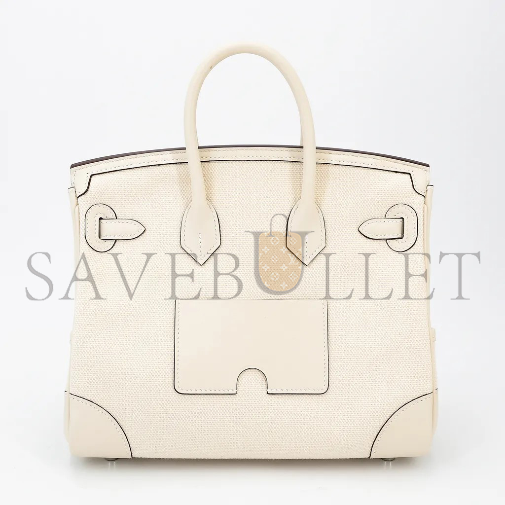 H**mes master birkin 25 cream white leather canvas silver buckle 1305777953 (25*20*13cm)
