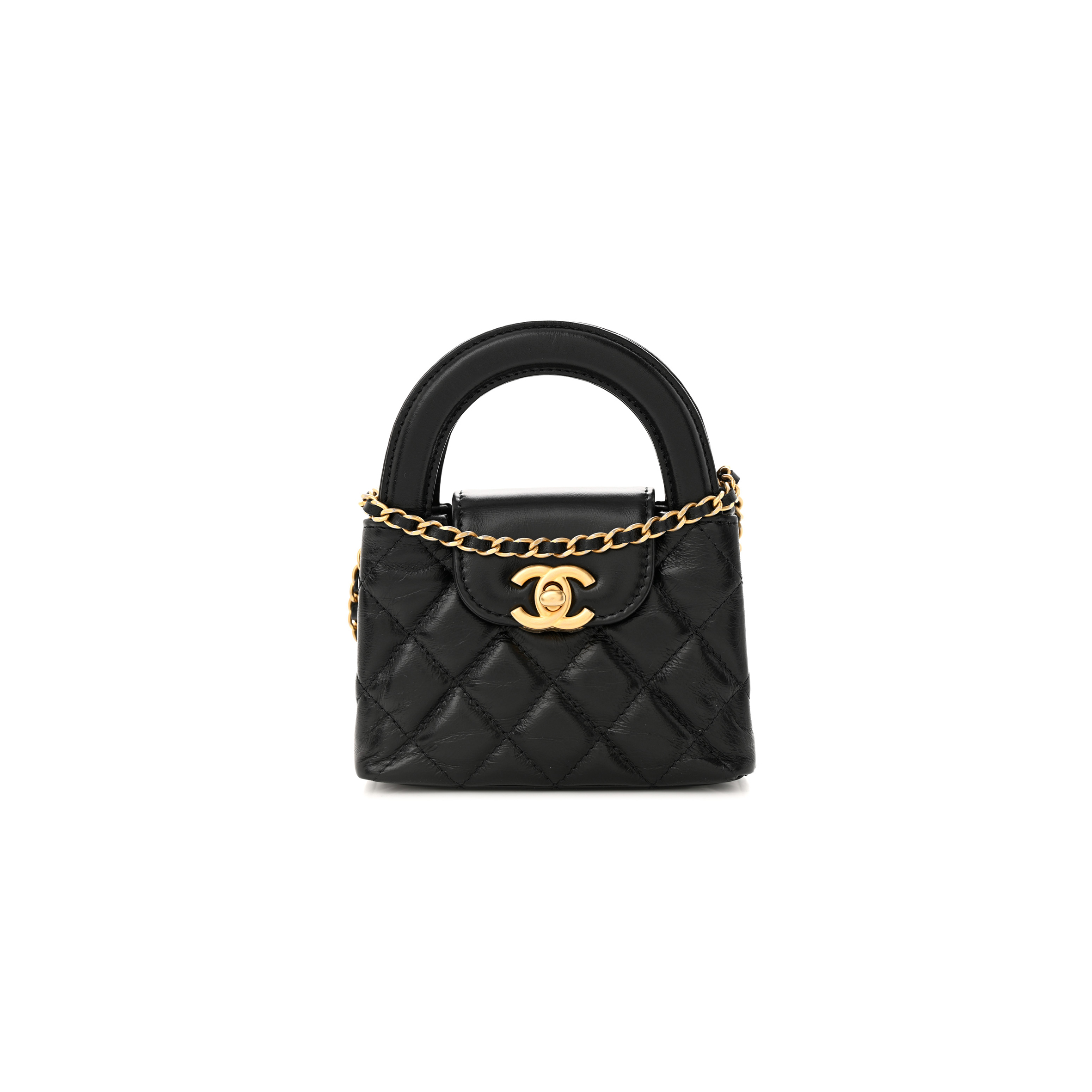 Ch*el shiny calfskin quilted mini nano kelly shopper black (12.5*8.3*4cm)
