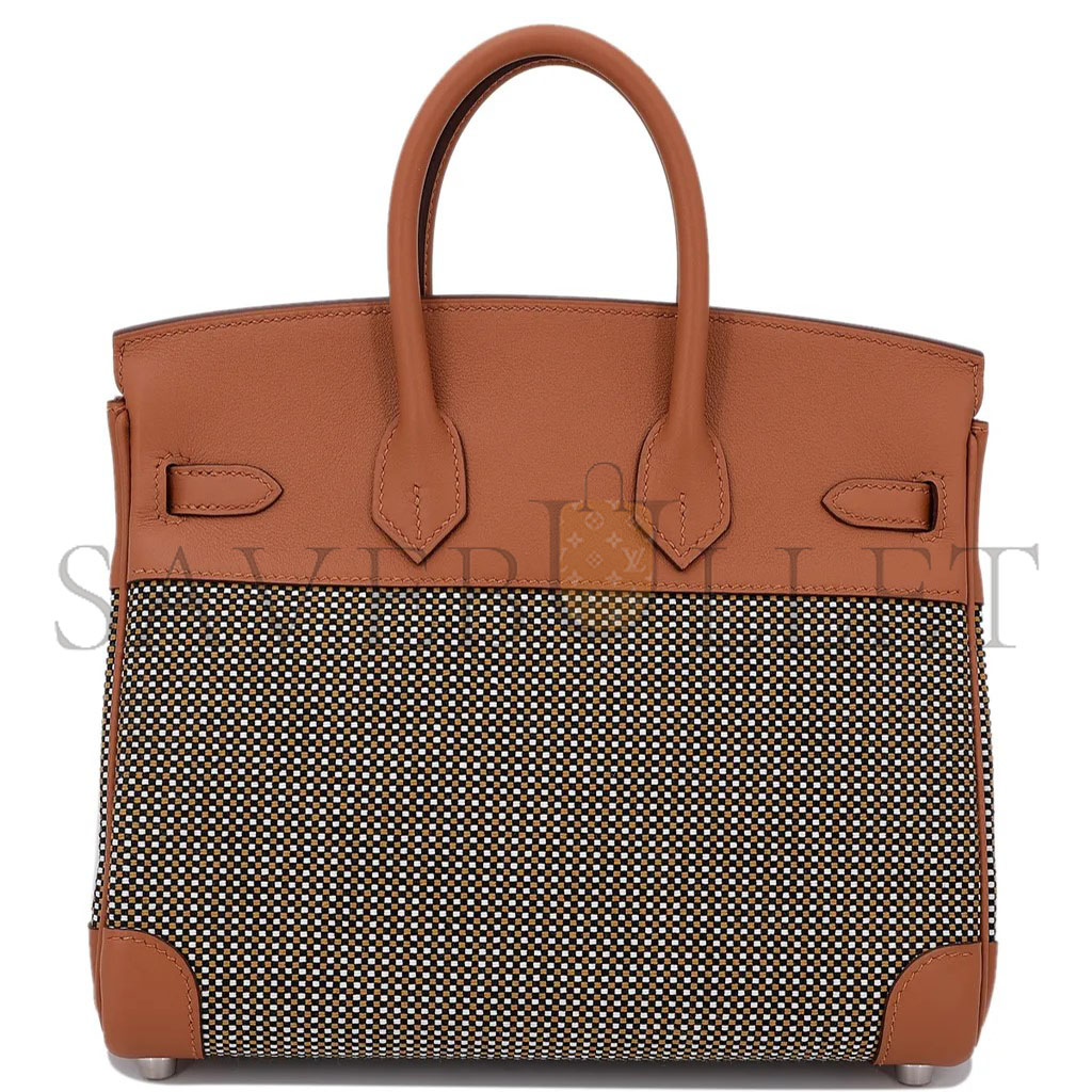 H**mes master birkin 25 quadrille brown canvas leather silver buckle platinum bag 10093061 (25*20*13cm)