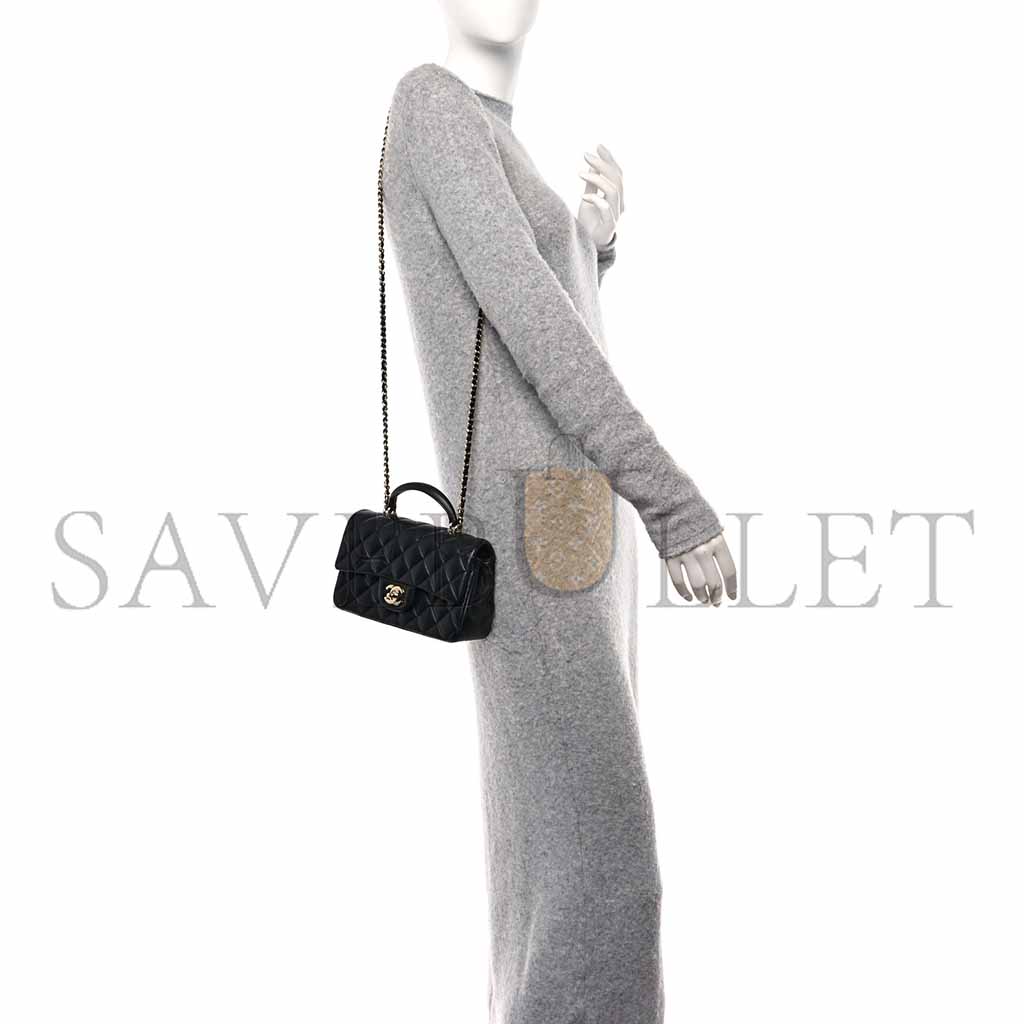 Ch*el lambskin quilted mini top handle rectangular flap black (20*12*6cm)