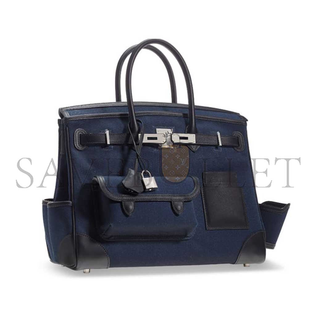 H**mes master birkin 35 swift leather canvas midnight blue black silver buckle bag 10027134 (35*27*18cm)