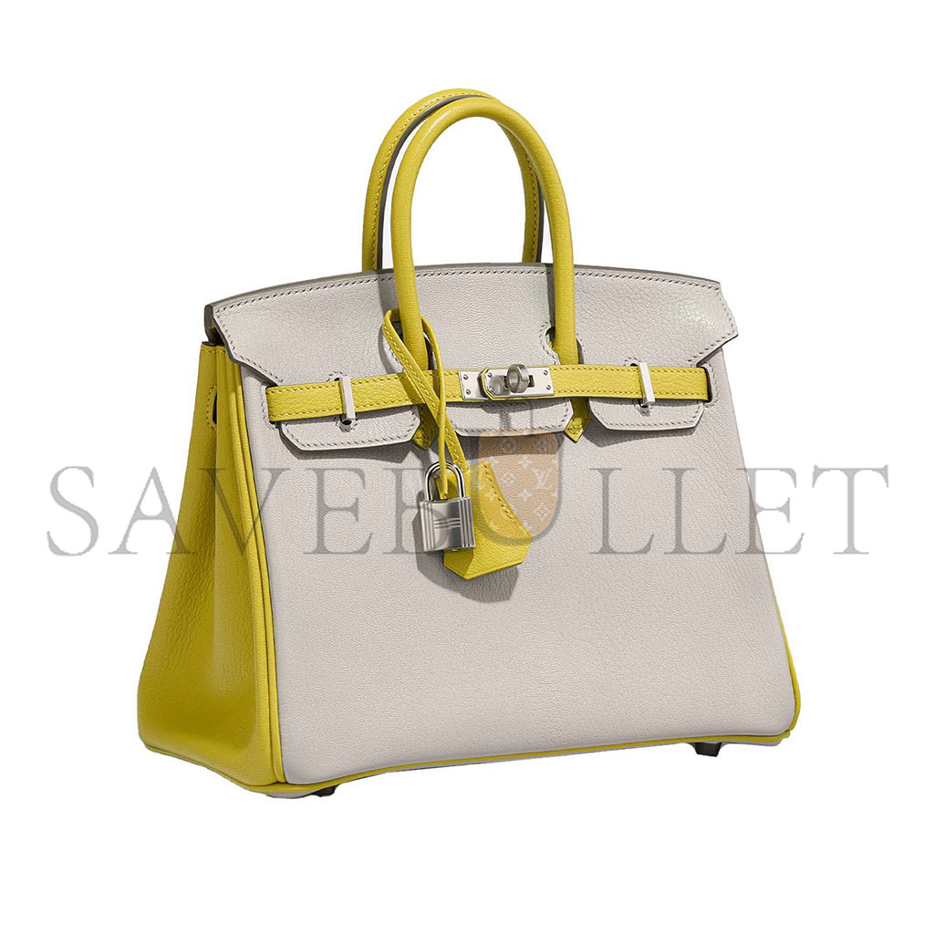H**mes master birkin 25 swift leather pearl grey lemon yellow silver buckle bag 3237 (25*20*13cm)