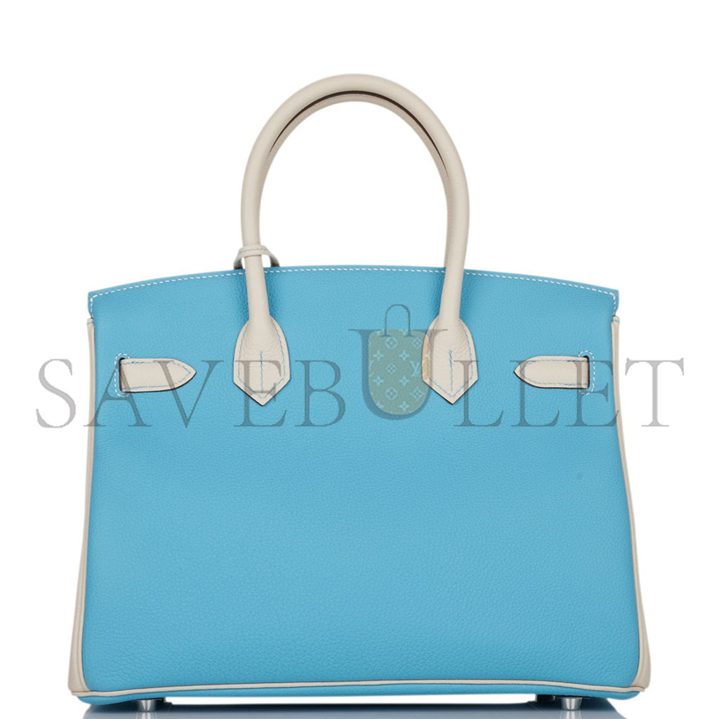h**mes birkin 25 togo leather N0*Hern blue and milkshake white silver buckle handbag 2161400178398 (25*20*13cm)