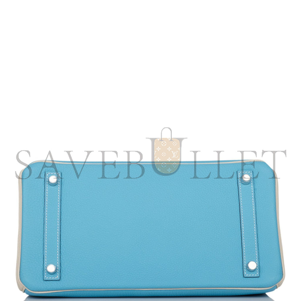 h**mes birkin 25 togo leather N0*Hern blue and milkshake white silver buckle handbag 2161400178398 (25*20*13cm)