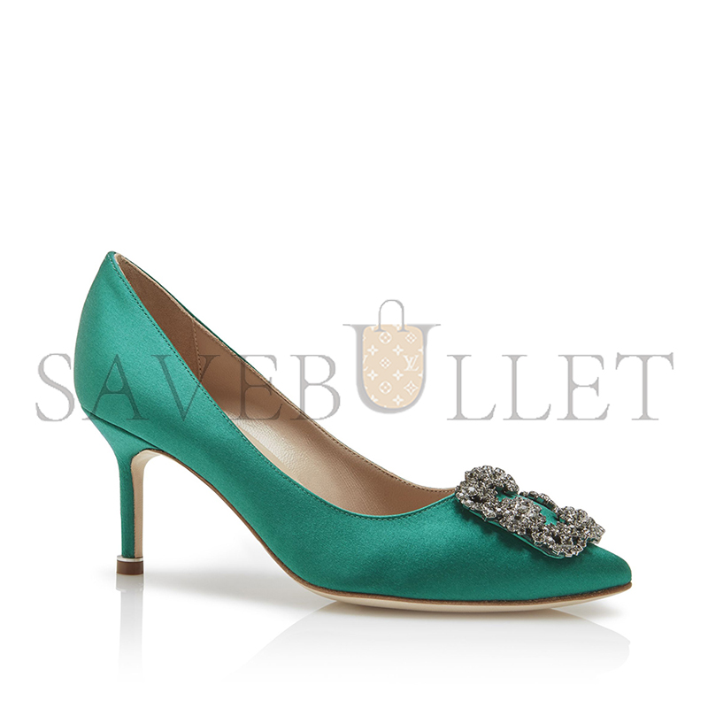MANOLO BLAHNIK HANGISI 70 GREEN SATIN JEWEL BUCKLE PUMPS 9XX-0662-0030