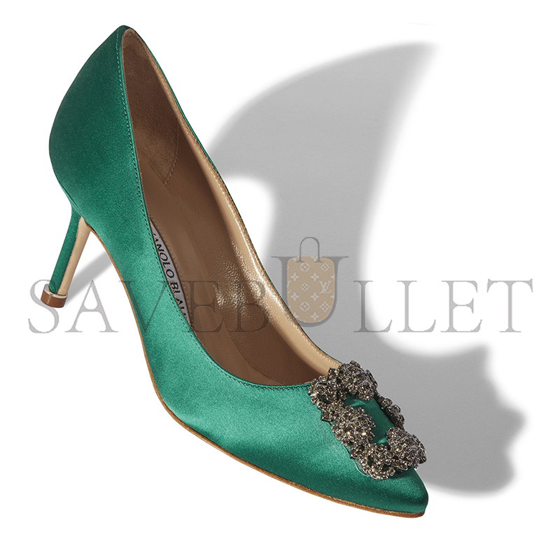 MANOLO BLAHNIK HANGISI 70 GREEN SATIN JEWEL BUCKLE PUMPS 9XX-0662-0030