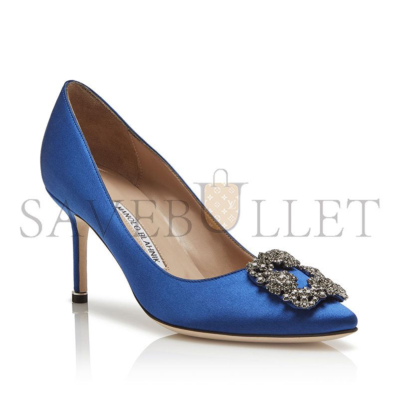 MANOLO BLAHNIK HANGISI 70 BLUE SATIN JEWEL BUCKLE PUMPS 9XX-0662-0053