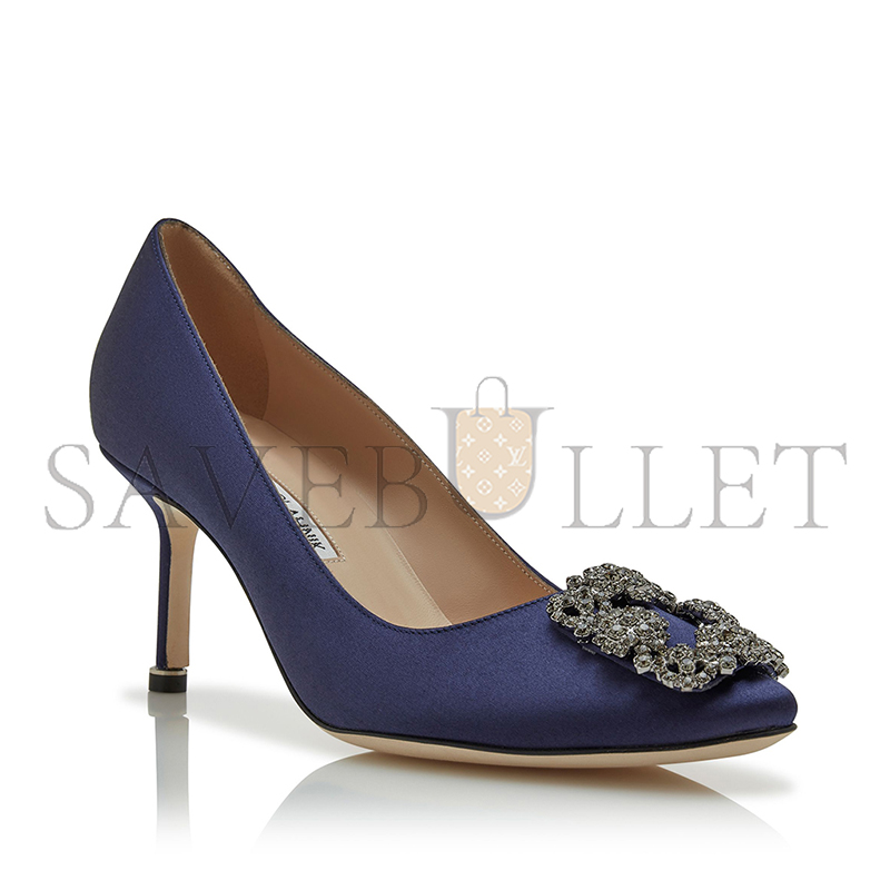 MANOLO BLAHNIK HANGISI 70 NAVY BLUE SATIN JEWEL BUCKLE PUMPS 9XX-0662-0050