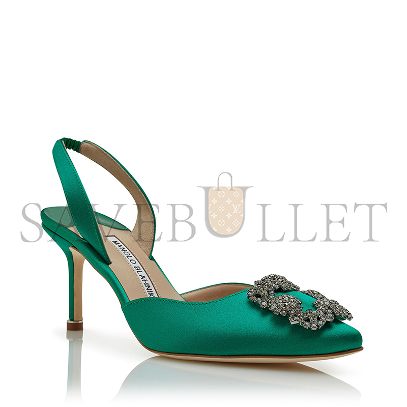 MANOLO BLAHNIK HANGISLI GREEN SATIN JEWEL BUCKLE SLINGBACK PUMPS 419-0473-0007