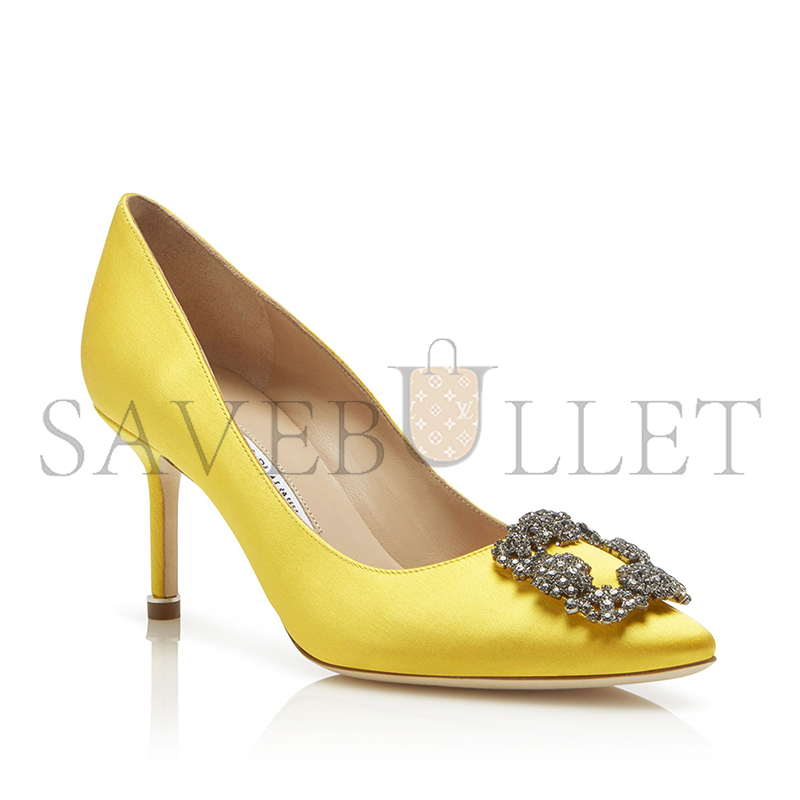 MANOLO BLAHNIK HANGISI 70 YELLOW SATIN JEWEL BUCKLE PUMPS 9XX-0662-0028