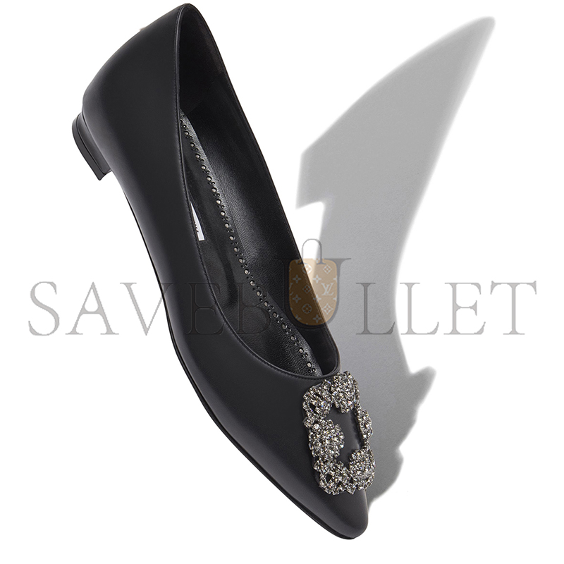 MANOLO BLAHNIK HANGISIFLAT BLACK CALF LEATHER JEWEL BUCKLE FLAT PUMPS 121-1657-0001