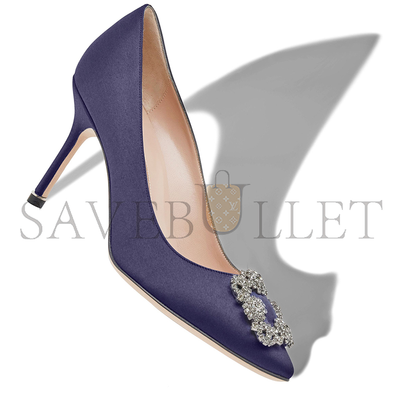 MANOLO BLAHNIK HANGISI 90 DARK BLUE SATIN JEWEL BUCKLE PUMPS 9XX-0663-0031