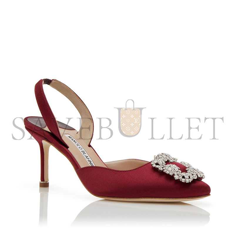 MANOLO BLAHNIK HANGISLI DARK RED SATIN JEWEL BUCKLE SLINGBACK PUMPS 419-0698-0009