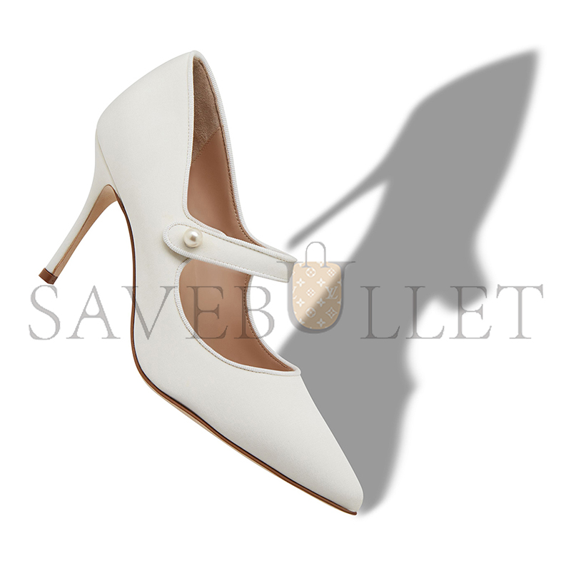 MANOLO BLAHNIK CAMPARIPEARL WHITE CREPE DE CHINE MARY JANE PUMPS 424-2023-0001