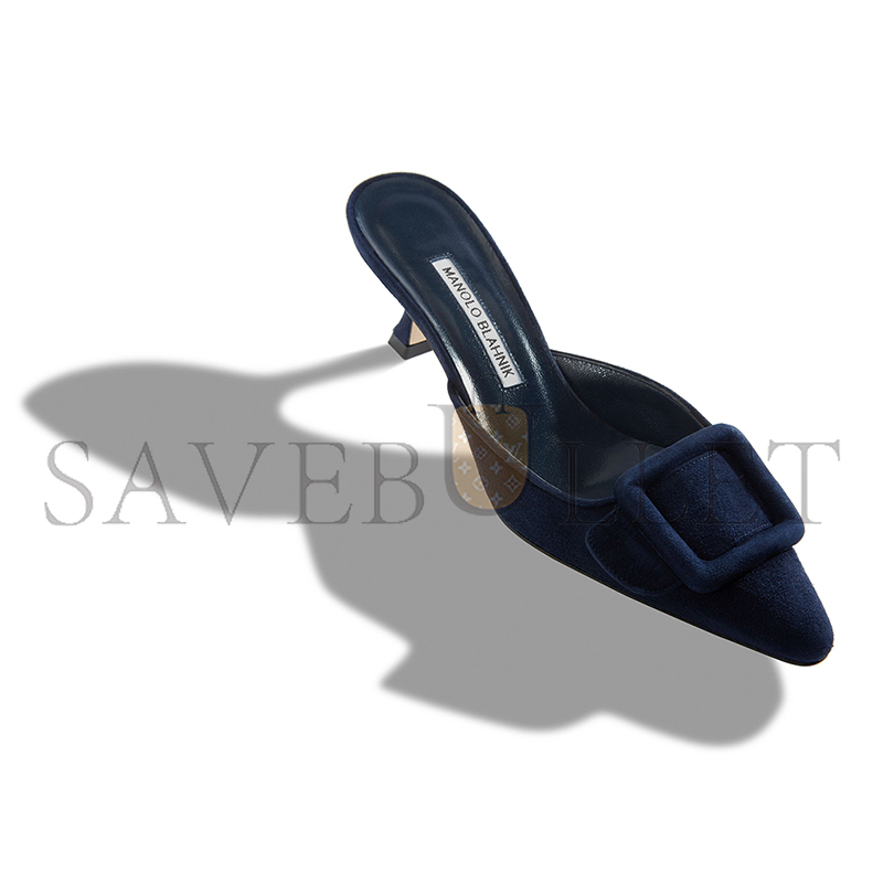 MANOLO BLAHNIK MAYSALE NAVY BLUE SUEDE KITTEN HEEL MULES 9XX-0246-0006