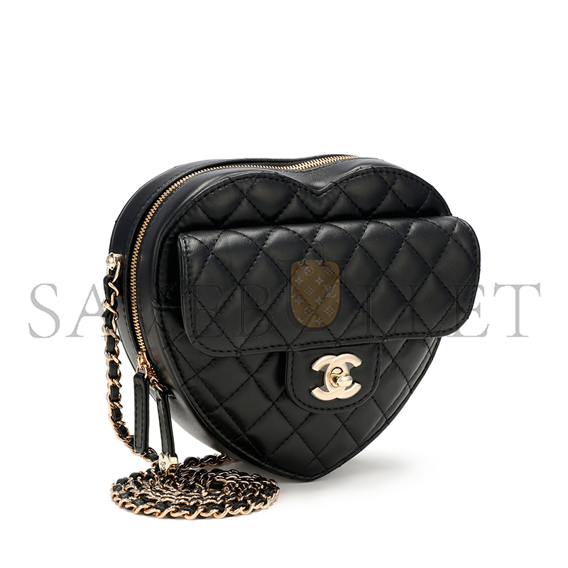 Ch*el black quilted lambskin cc in love heart bag gold hardware as3191 (18*16.5x*6.5cm)