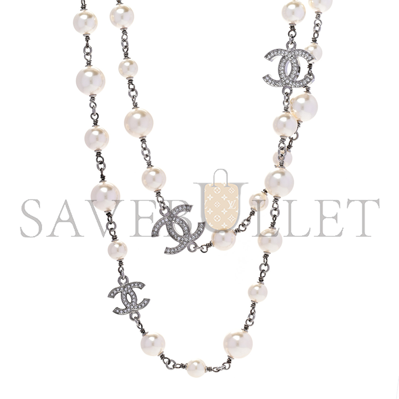 Ch*el graduated pearl crystal cc long necklace silver