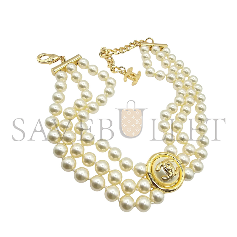 Ch*el cc faux pearl gold choker abe253