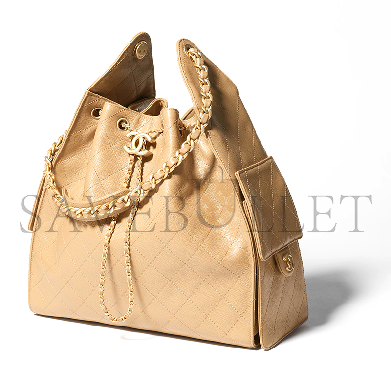 Ch*el master 25 medium handbag grained calfskin & gold-tone metal dark beige as5311 (40*30*15cm)