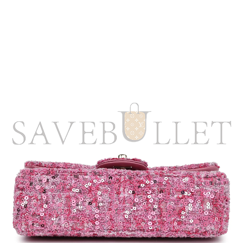Ch*el mini classic rectangular flap bag pink tweed and sequin gold hardware 192410 (20*13*6cm)