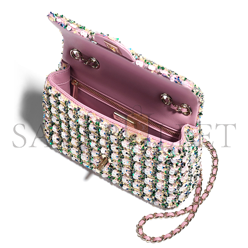 Ch*el flap bag sequins & gold-tone metal light pink, green & yellow as4561 (21*14*8cm)