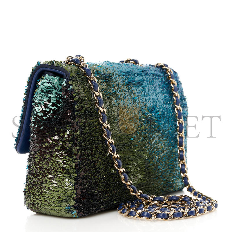 Ch*el shaded sequins mini flap light green dark brown white blue 1585379 (20*14*7cm)