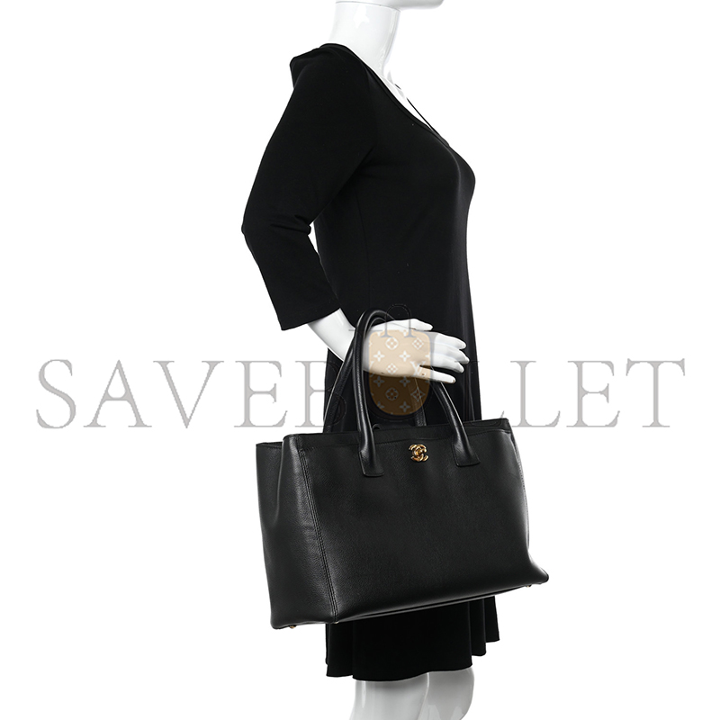Ch*el calfskin cerf executive shopper tote black as93748 (36*23*15cm)