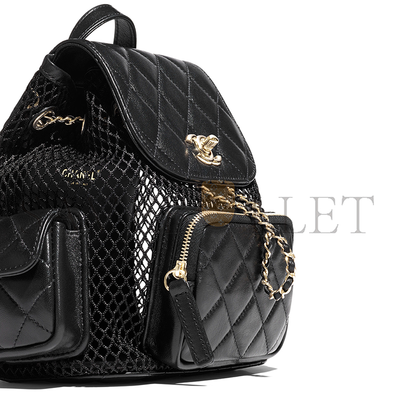 CHANE BACKPACK MESH, SHINY LAMBSKIN & GOLD-TONE METAL BLACK AS5484 (25*23*14cm)