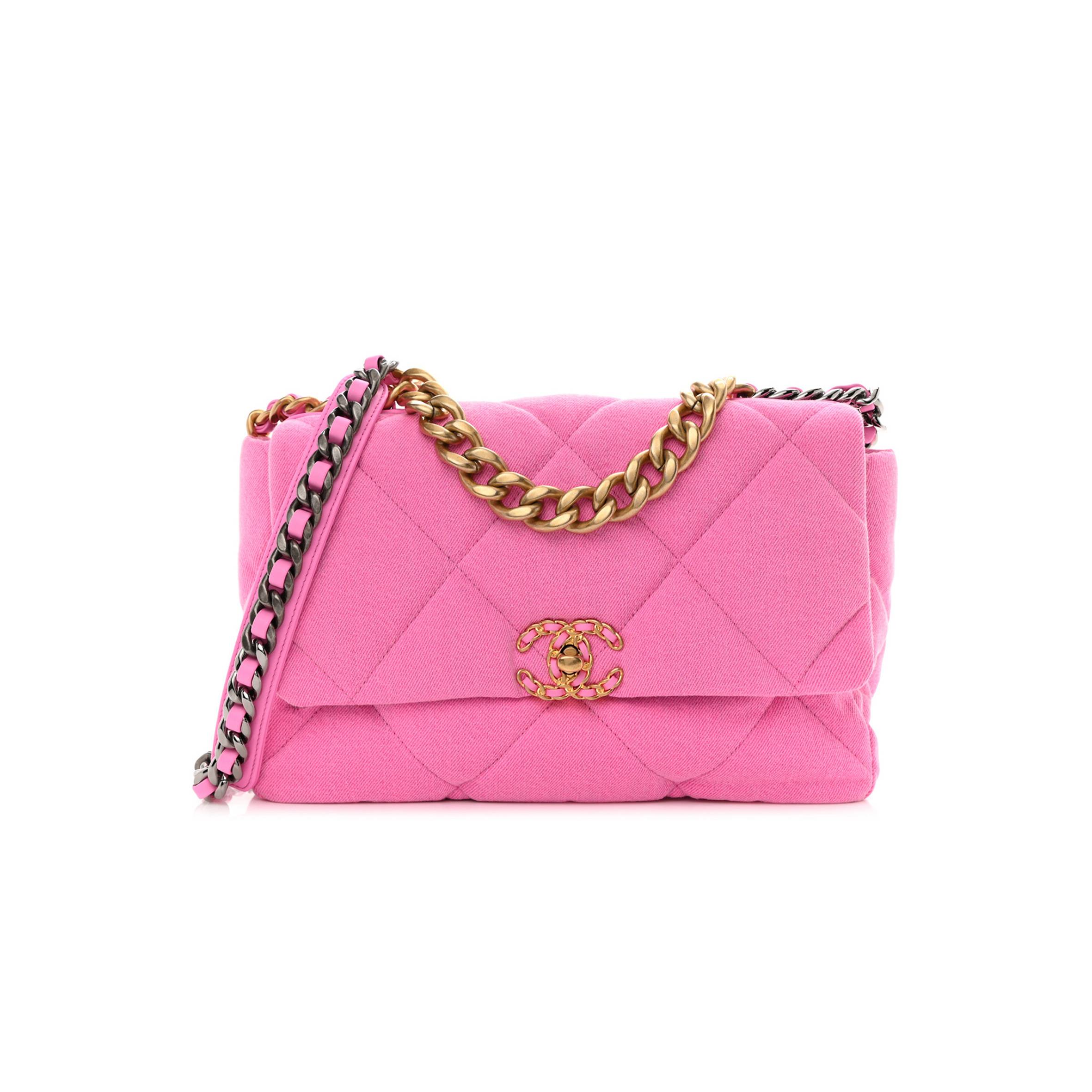 Ch*el denim quilted large Ch*el 19 flap neon pink gold hardware (30*20*10cm)