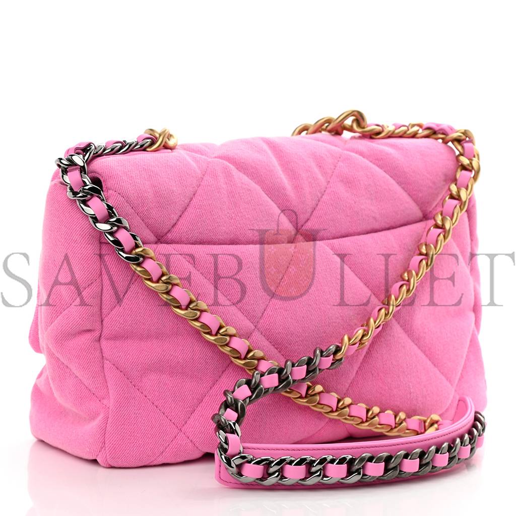 Ch*el denim quilted large Ch*el 19 flap neon pink gold hardware (30*20*10cm)