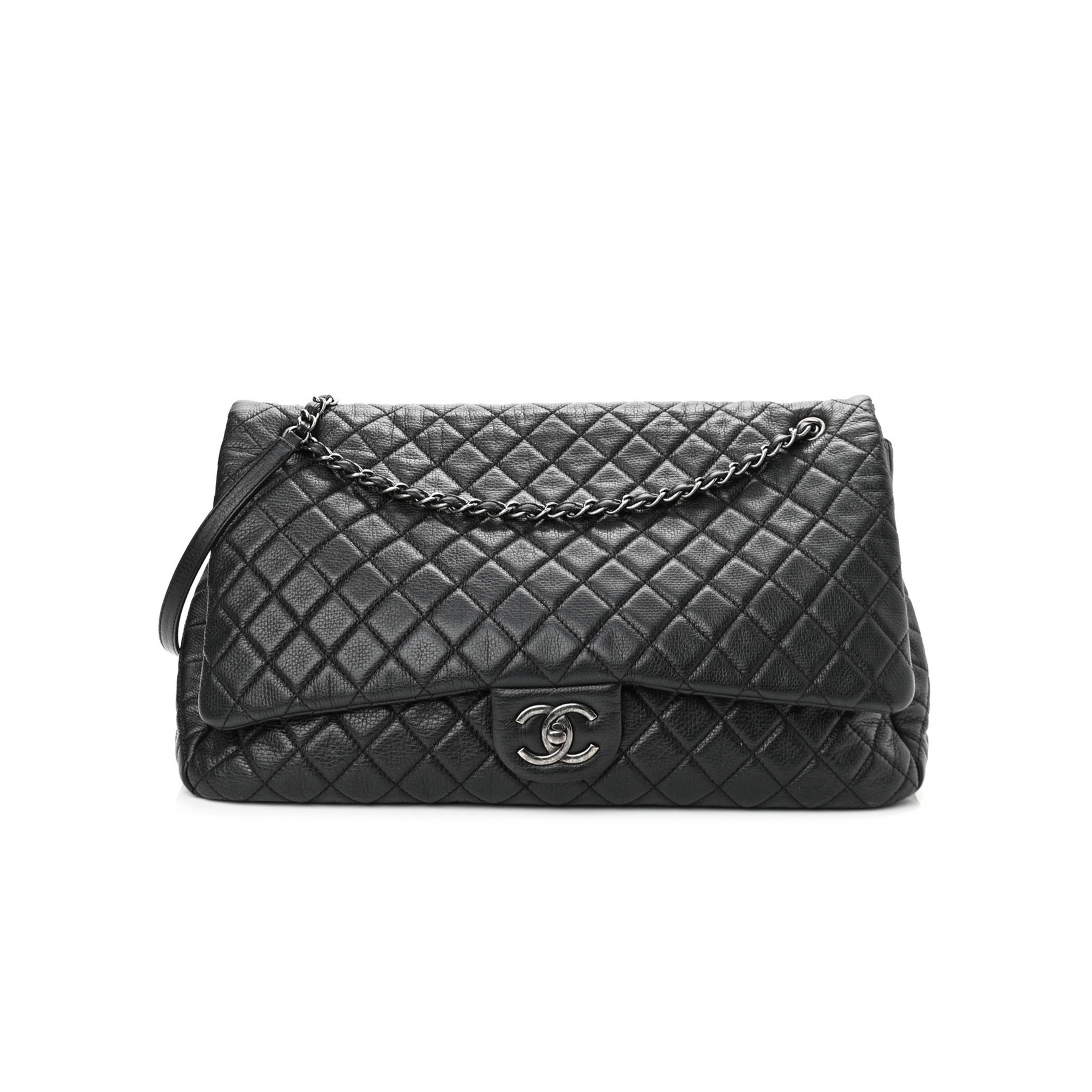 Ch*el calfskin quilted xxl travel flap bag black silver hardware (45*28*15cm)