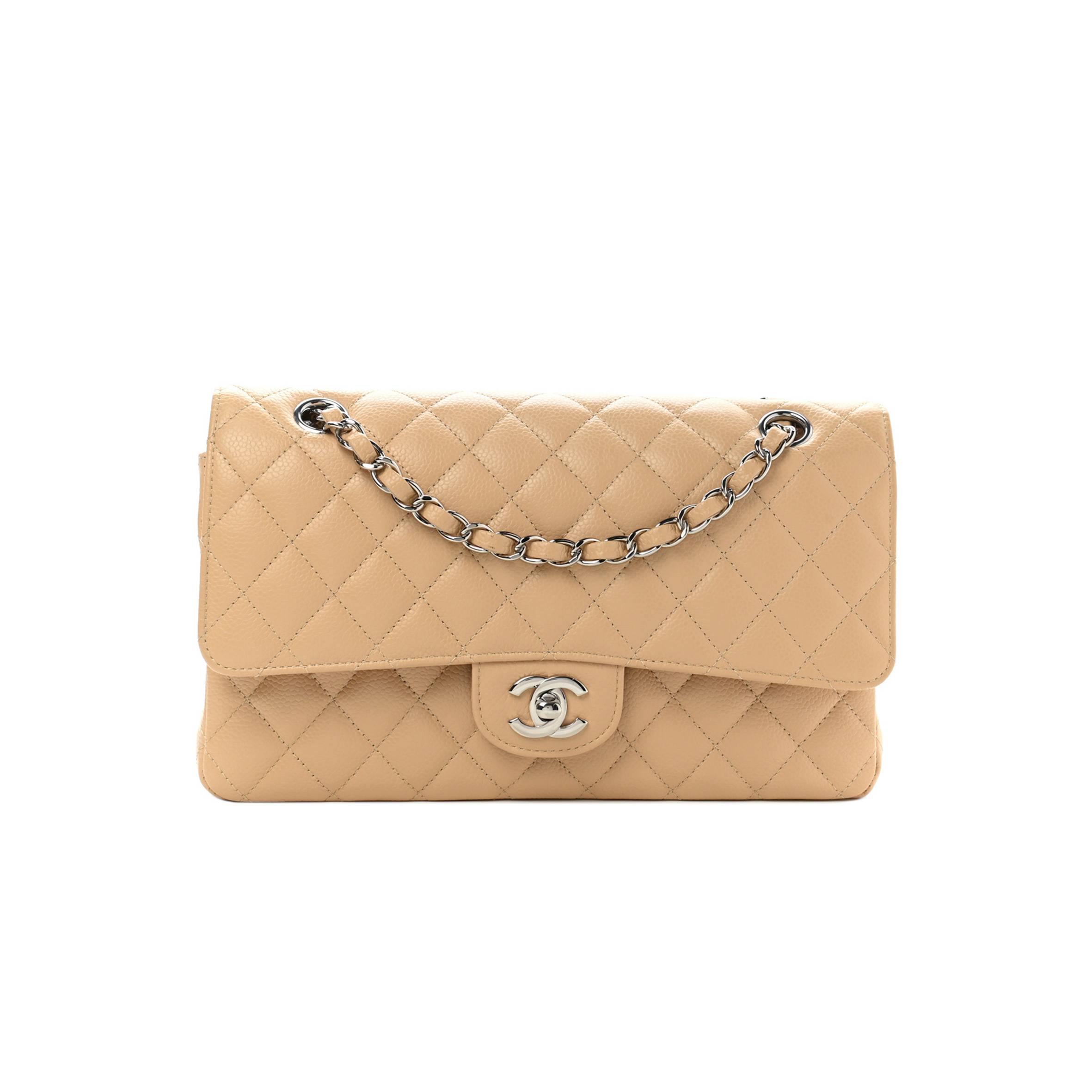 Ch*el caviar quilted medium double flap beige clair silver hardware (25*15*7cm)