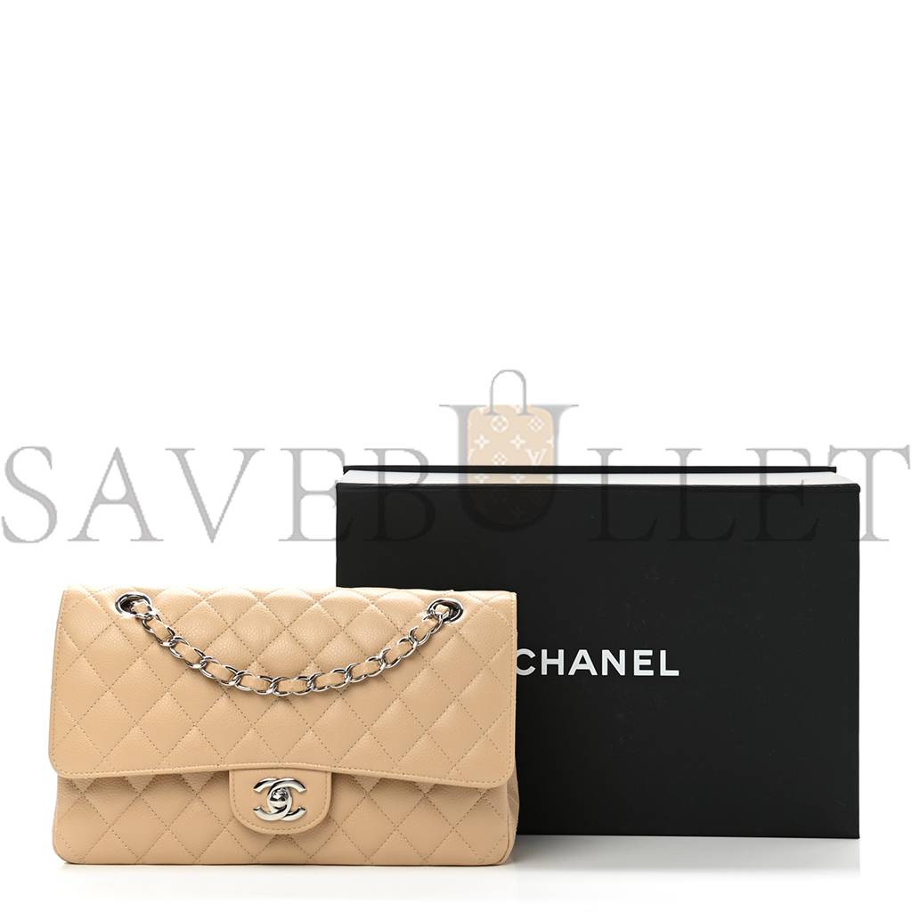 Ch*el caviar quilted medium double flap beige clair silver hardware (25*15*7cm)
