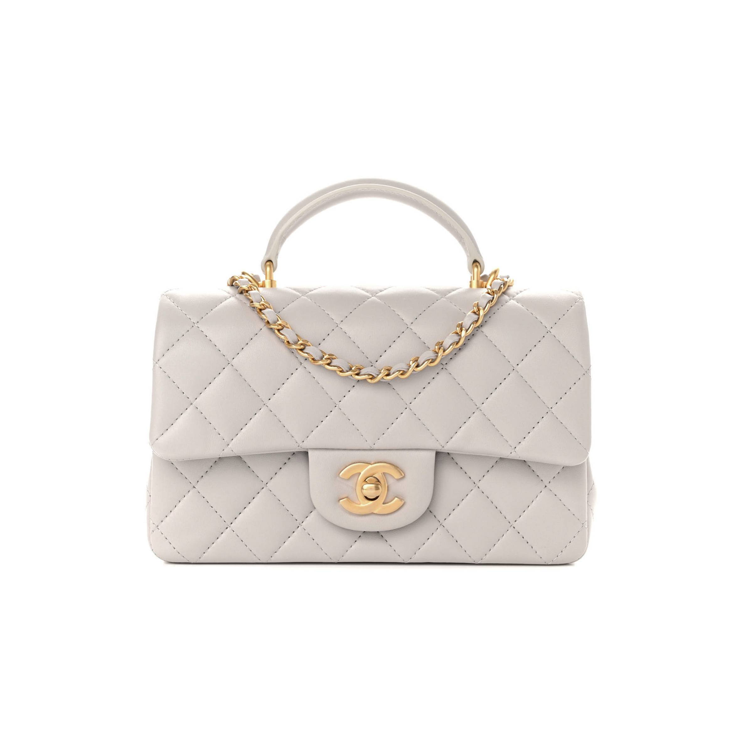 Ch*el lambskin quilted mini top handle rectangular flap grey gold hardware (20*13*6cm)