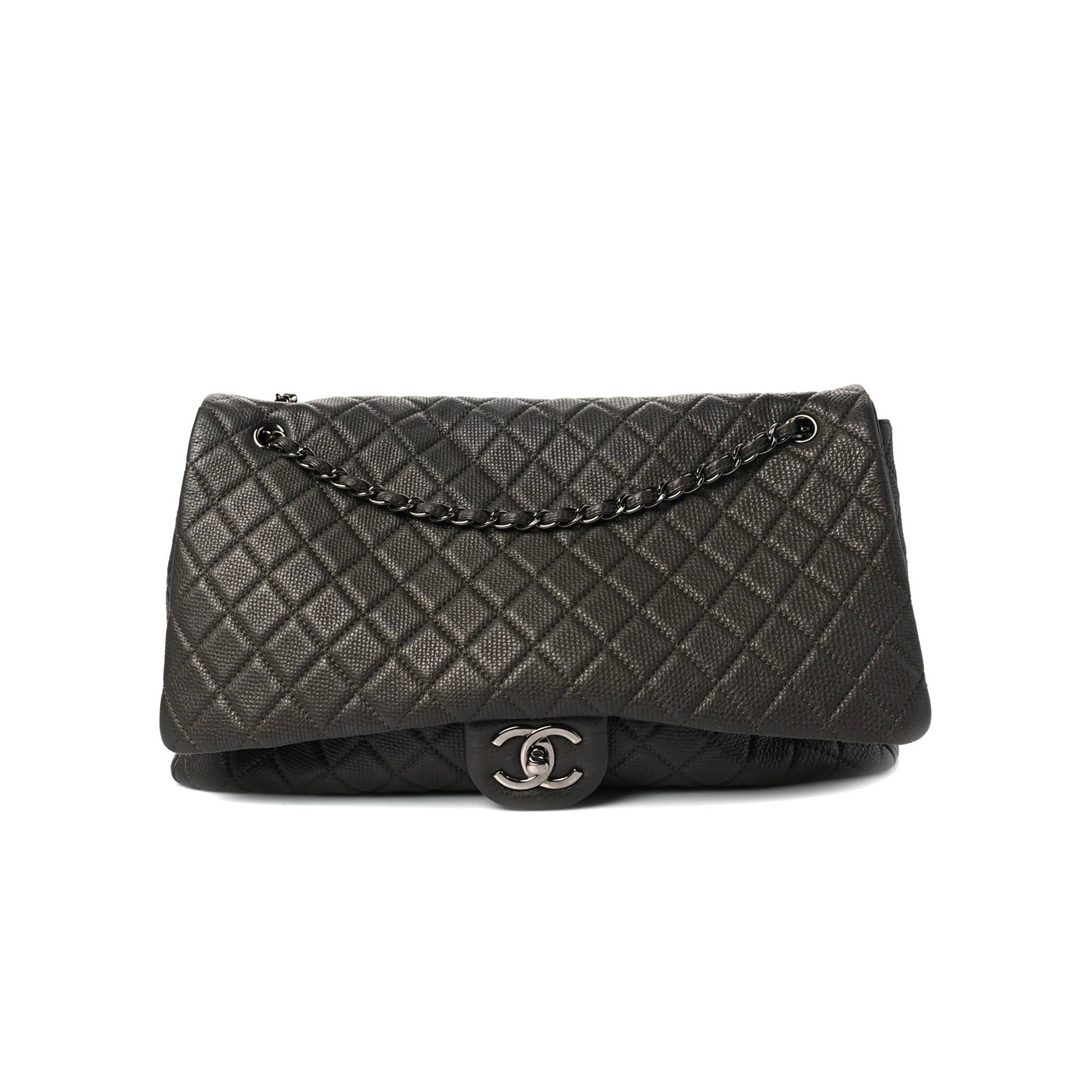 Ch*el calfskin quilted xxl travel flap bag khaki silver hardware (46*28*14cm)