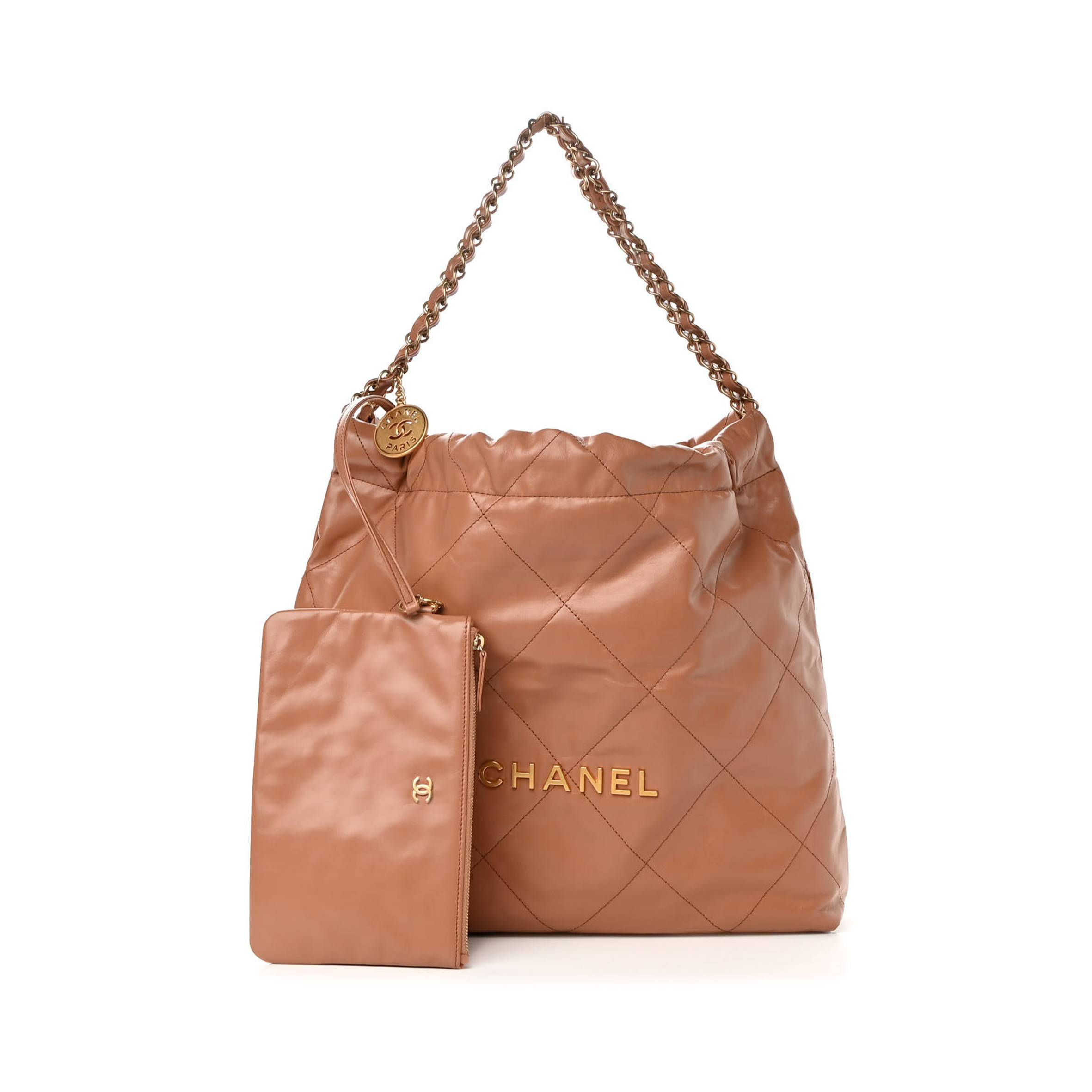 Ch*el shiny calfskin quilted Ch*el 22 camel gold hardware (37*35*7cm)