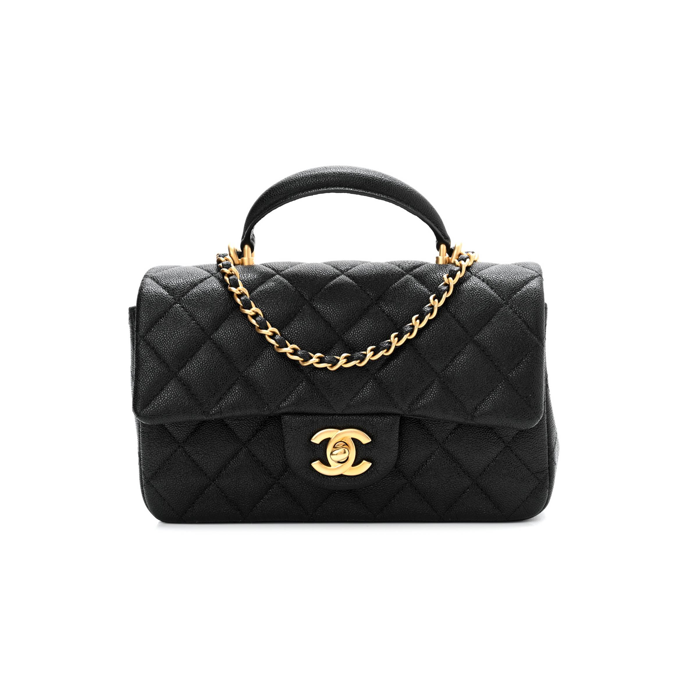 Ch*el caviar quilted mini top handle rectangular flap black gold hardware (20*12*7cm)
