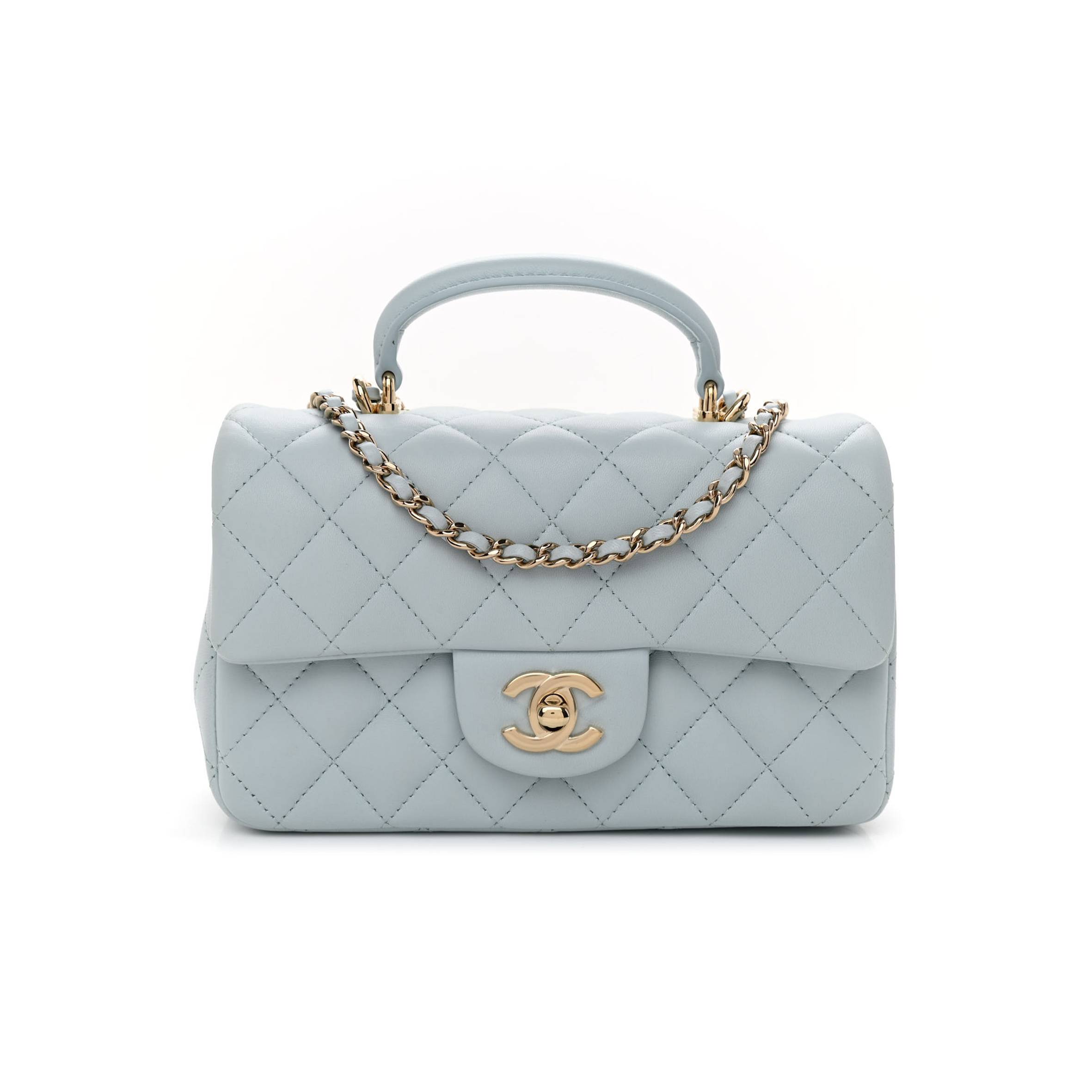 Ch*el lambskin quilted mini top handle rectangular flap light blue rose gold hardware (19*12*6cm)