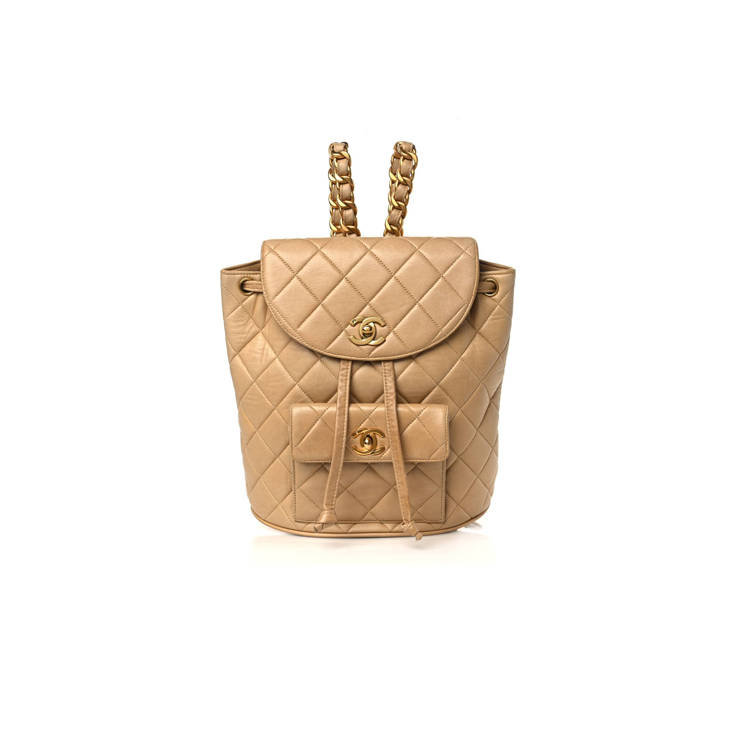 Ch*el lambskin quilted backpack beige gold hardware (21.6*22.2*10.2cm)