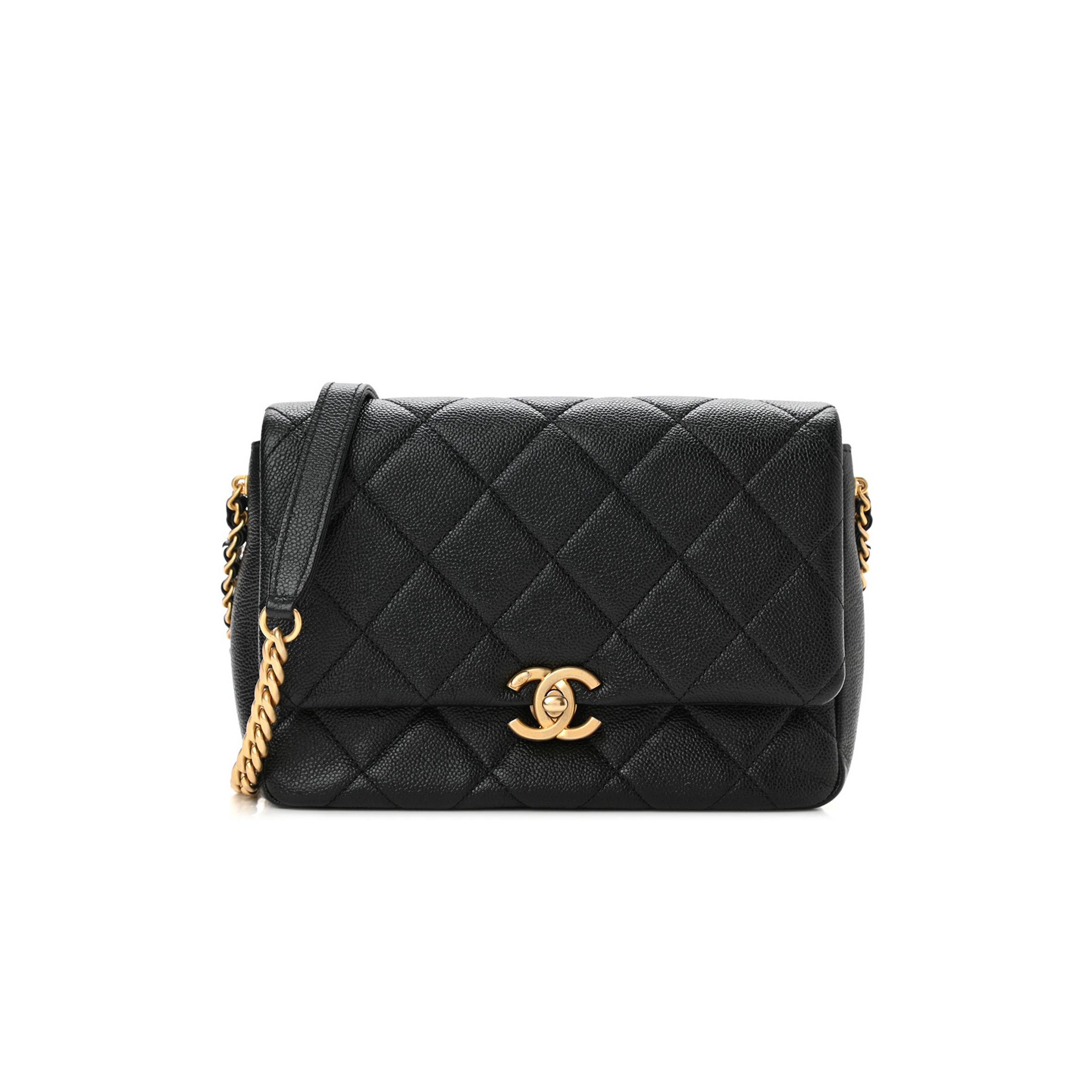 Ch*el shiny caviar quilted small chain melody flap black gold hardware (22*15*6cm)