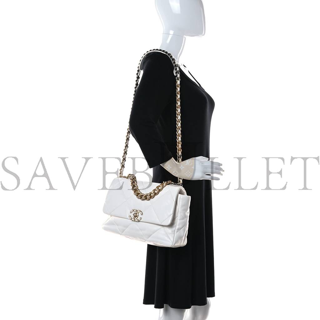 Ch*el lambskin quilted large Ch*el 19 flap white gold hardware (30*20*9cm)